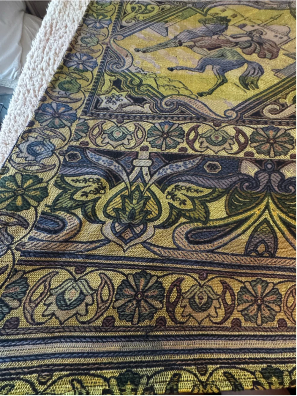 Vintage William Morris Style Woven Tapestry Throw Blanket 70x80 Camel Horse